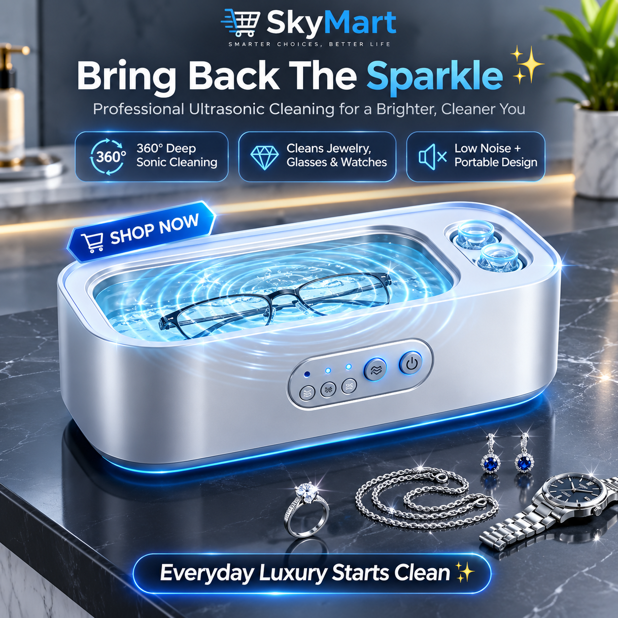 SkyMart Veloura™ Ultrasonic Jewelry & Essentials Cleaner
